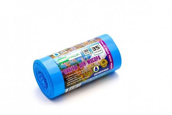 Мешки для мусора 35 литров, 12 мкм, ПНД, в рулоне 30 штук, синие, 50х64 см, EXTRA - Вид 2